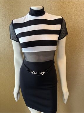 Cache Black and White Striped Mesh Panel Bodycon Dress 90’s Vintage